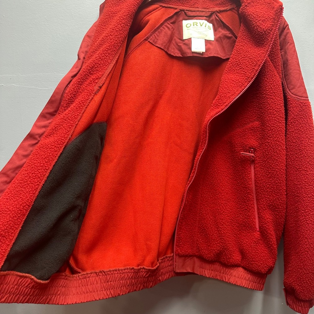 Orvis Red Sherpa Fleece Jacket Men's L Elbow Patch Full Zip - Picture 6 of 8